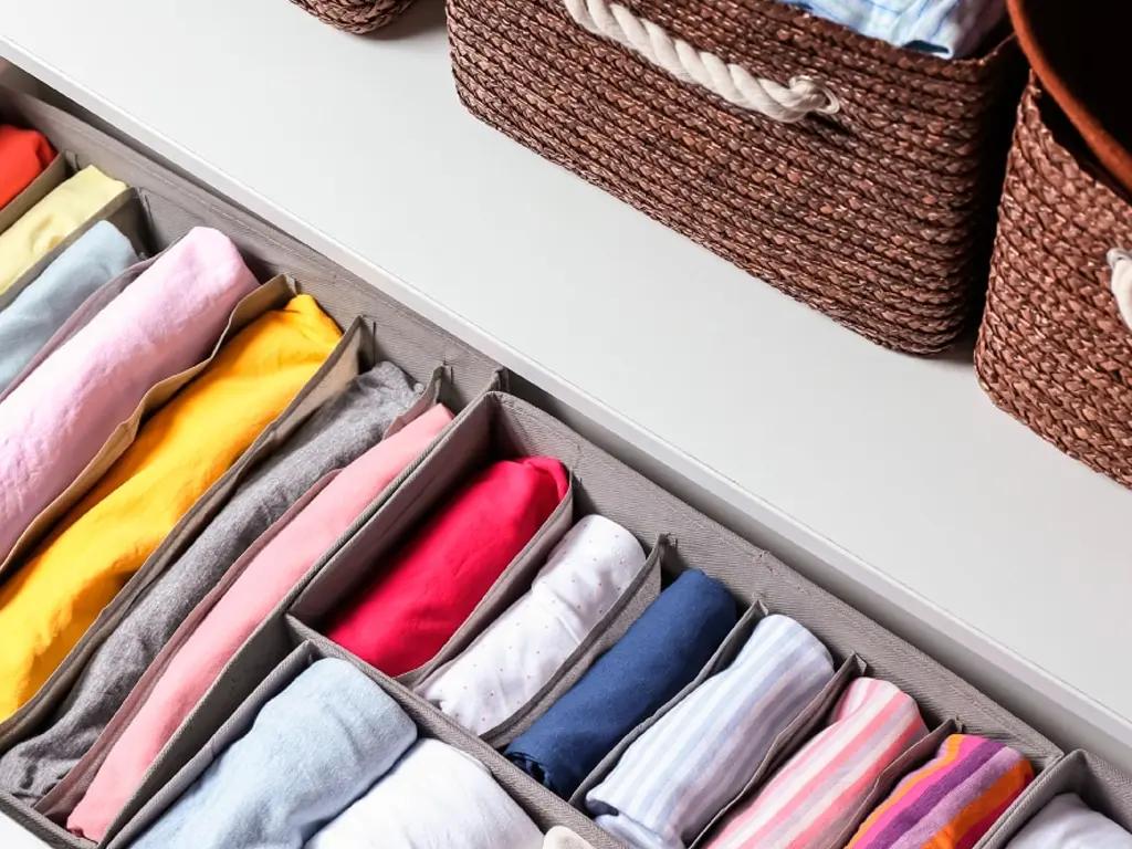 Imagem de um armário organizado com roupas e acessórios dispostos de forma prática